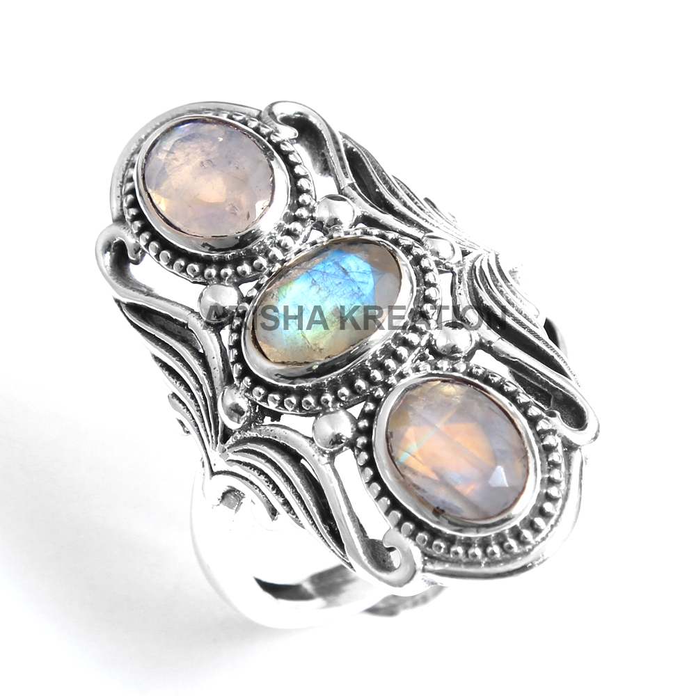 925 Sterling Silver Gemstone Jewelry Handmade Ring Moonstone Ring Natural Gemstone Silver Ring Statement Jewelry Three Stone Ring Women Jewelry