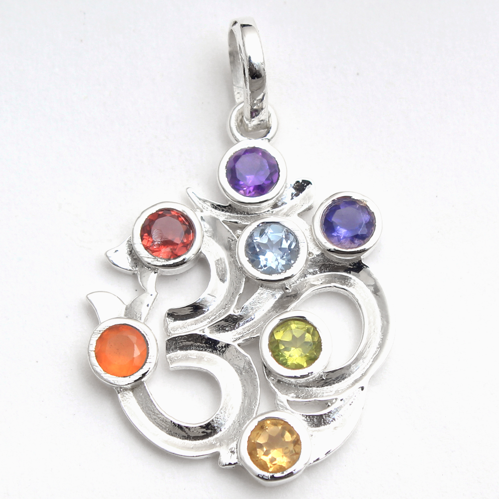 7stone Pendant Chakra Jewelry Om Design Pendant Round Gemstone