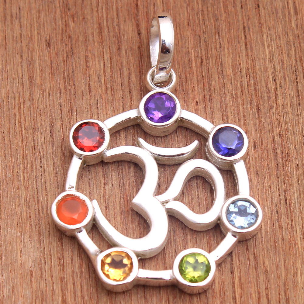 7stone Pendant Chakra Jewelry Om Design Pendant Round Gemstone