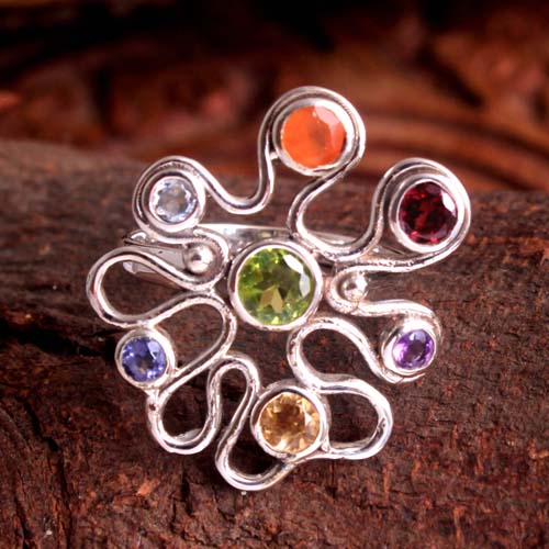 7 Stone Ring Chakra Jewelry Round Gemstone Silver Ring