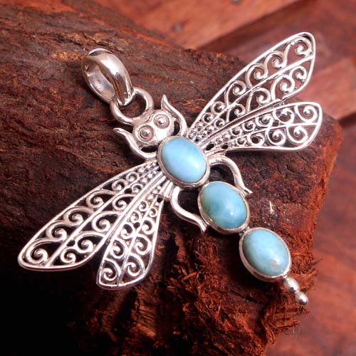 Dragonfly Pendant Larimar Oval Gemstone