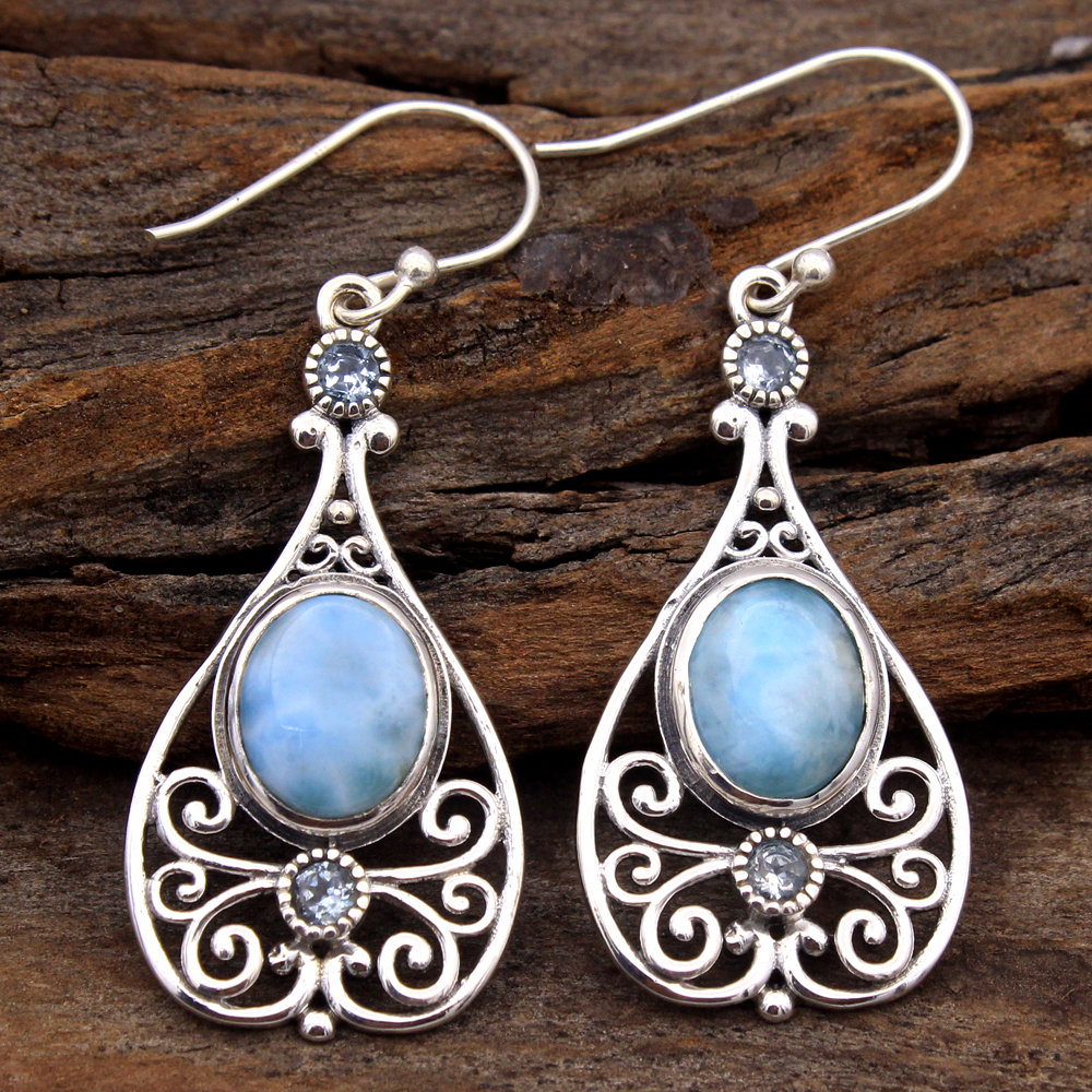 Blue Topaz Gemstone Dangle Earring Handmade Earring Larimar Gemstone Silver Earring