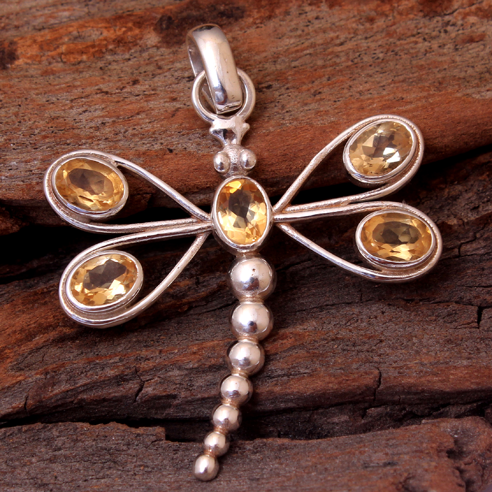 Citrine Gemstone Dragonfly Pendant Oval Gemstone Silver Charm