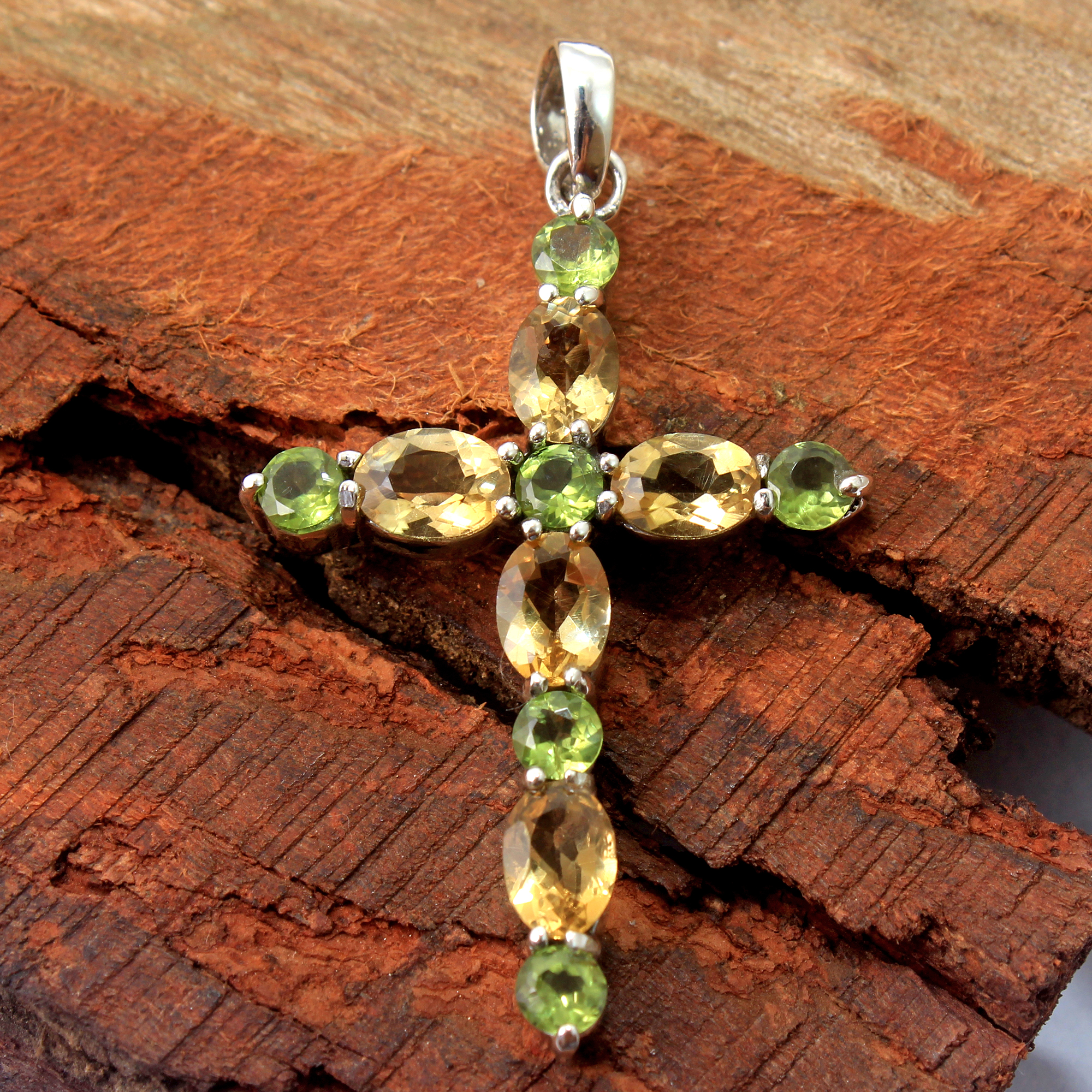 2-Stone Family Gemstone Cross Necklace in 14K White Gold