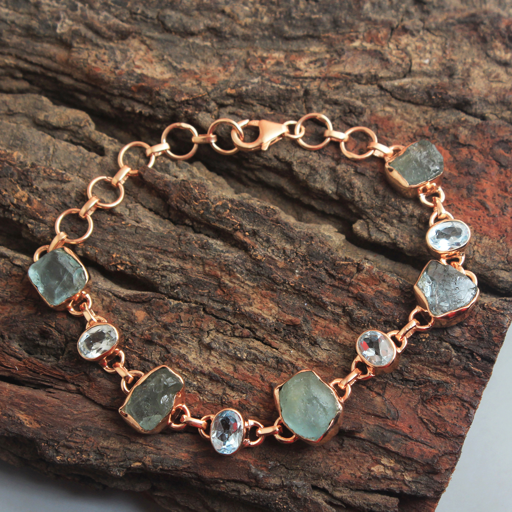 925 Sterling Jewelry Aquamarine Bracelet Blue Topaz Bracelet Handmade Jewelry Raw Gemstone Jewelry Rose Gold Plated Silver Jewelry Statement Jewelry