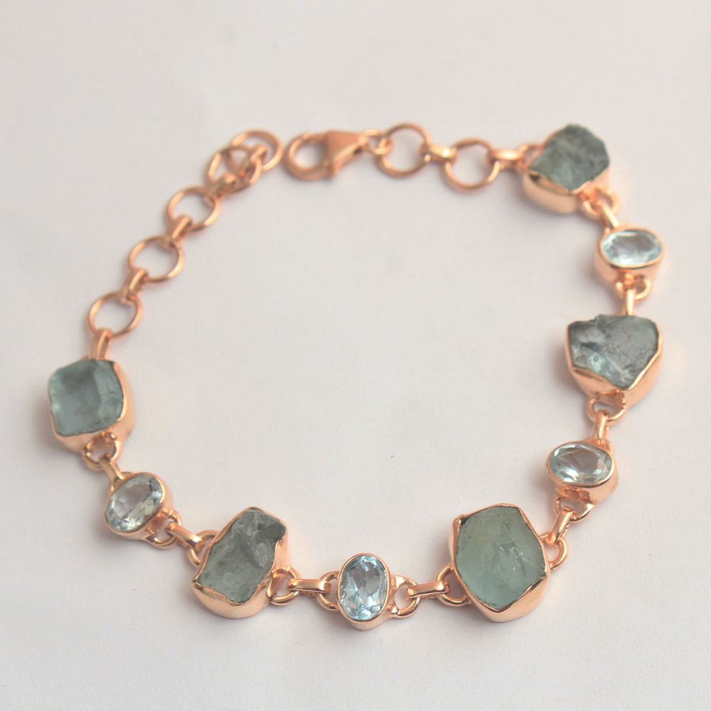 925 Sterling Jewelry Aquamarine Bracelet Blue Topaz Bracelet Handmade Jewelry Raw Gemstone Jewelry Rose Gold Plated Silver Jewelry Statement Jewelry