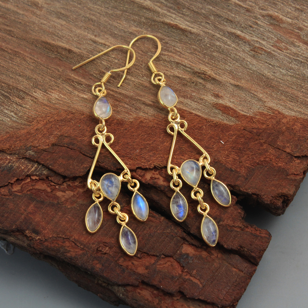 925 Sterling Silver Handmade Jewelry Moonstone Earring Silver Jewelry Women Earring Yellow Gold Plated