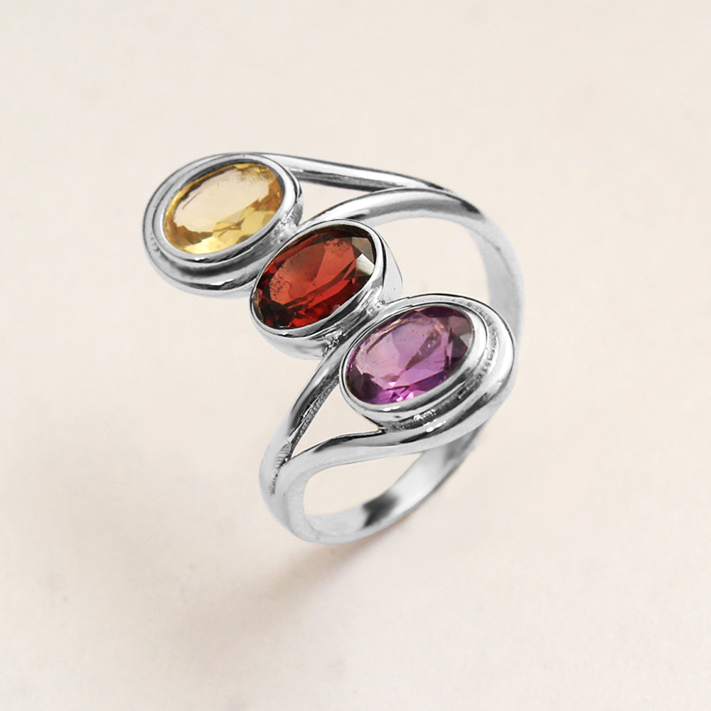 Amethyst Citrine Silver Ring Garnet Ring