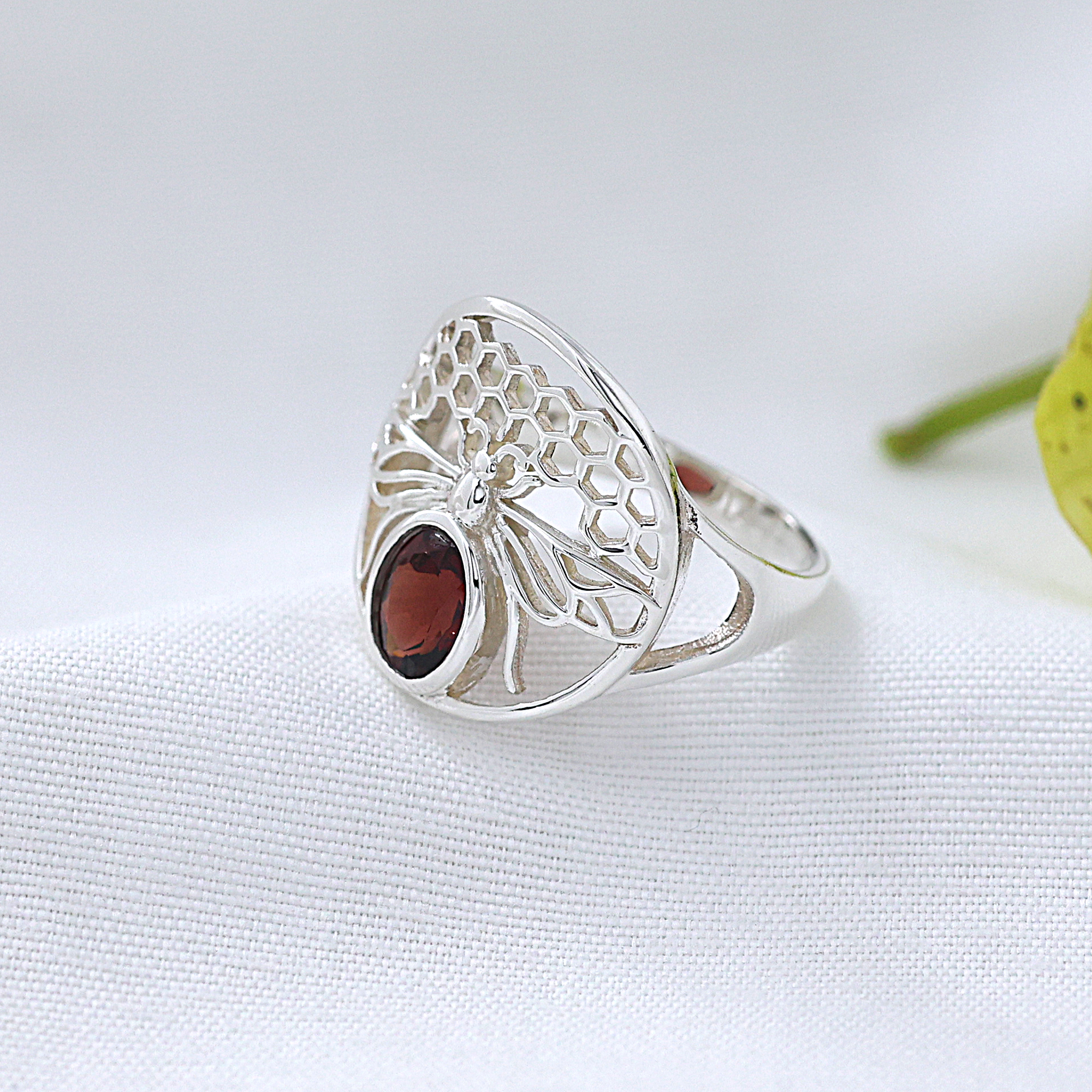 925 Sterling Silver Anniversary Gift Birthday Gift Christmas Gift Garnet Ring Gemstone Ring Gifts For Her Graduation Gift Handmade Jewelry Handmade Ring Honey Bee Ring Silver  Ring Unisex Jewelry Valentines Gift Women Jewelry Women Ring