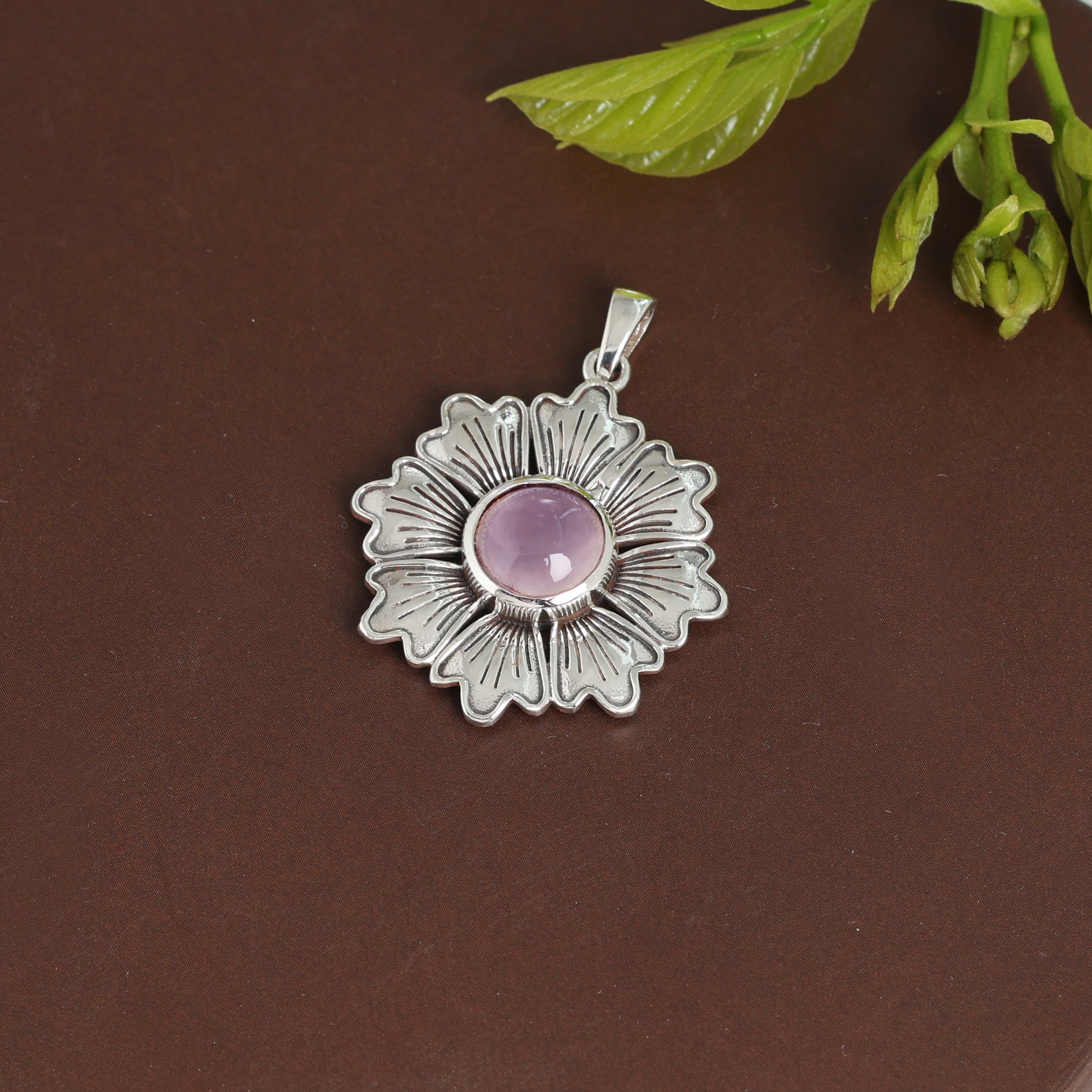 925 Sterling Silver Anniversary Gift Birthday Gift Christmas Gift Easter Gift Flower Pendant Gemstone Pendant Gift For Her Gift For Mom Halloween Gift Handmade Jewelry Handmade Pendant Jewelry For Gift Mother's Day Gift Rose Quartz Pendant Silver Jewelry Silver Pendant
