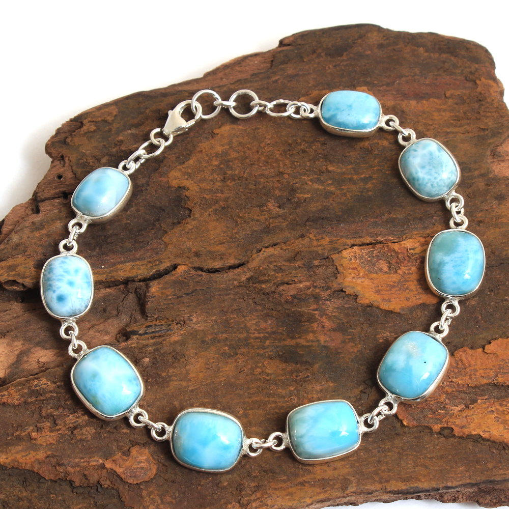 925 Sterling Silver Cushion Larimar Gemstone Silver Bracelet