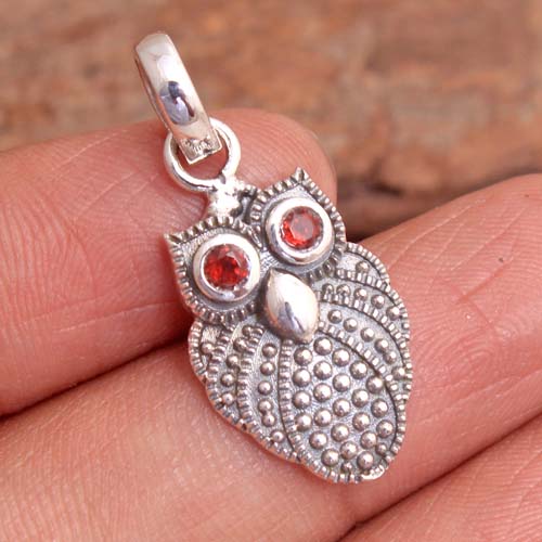 925 Sterling Silver Animal Jewelry Christmas Gift Halloween Gift Handmade Jewelry Owl Design Pendant Red Garnet Pendant Silver Pendant