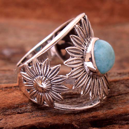 925 Sterling Silver Birthday Gift Christmas Gift Flower Design Ring Halloween Gift Handmade Jewelry Larimar Ring Round Gemstone Silver Ring Solitaire Ring