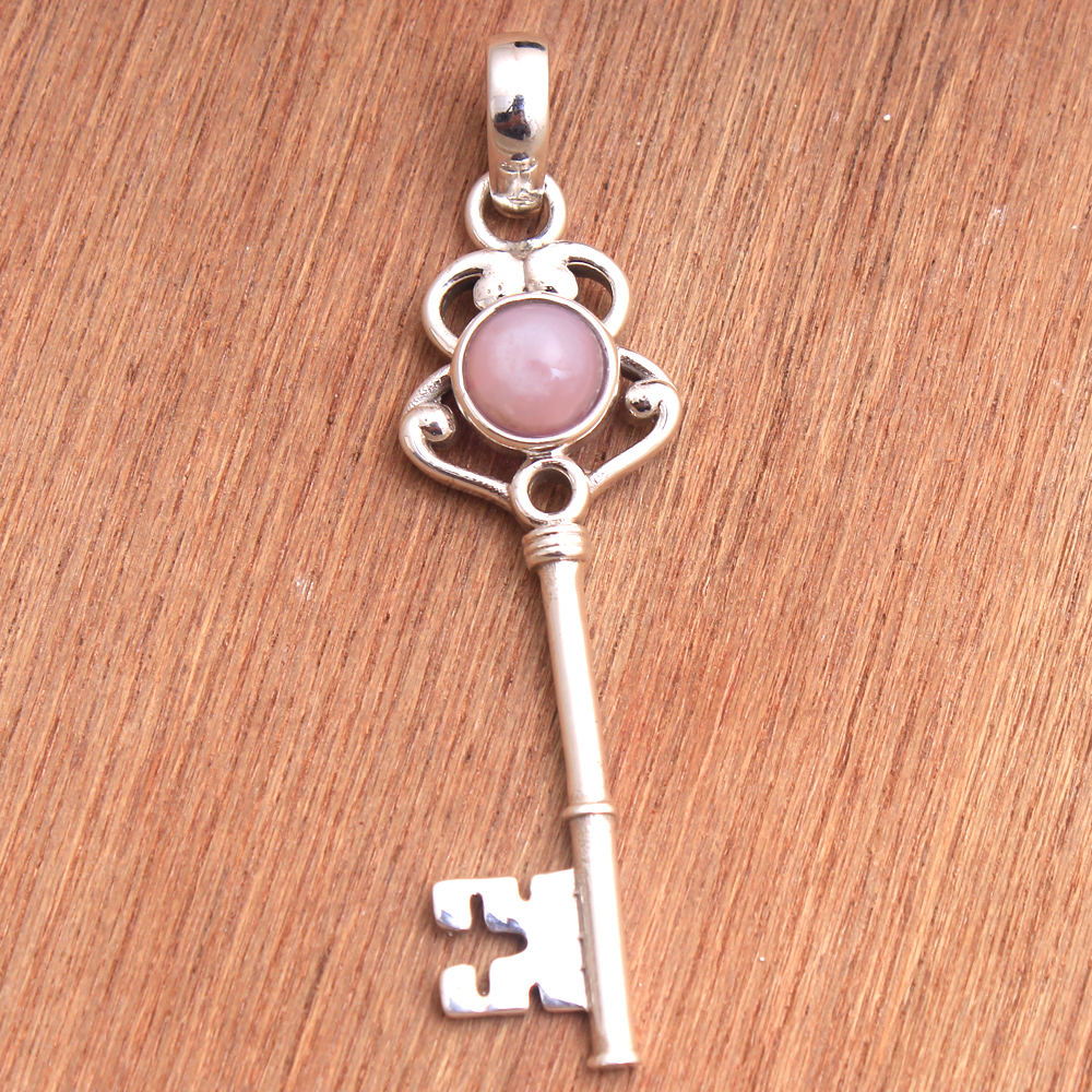 925 Sterling Silver Birthday Gift Christmas Gift Designer Handmade Pendant Halloween Gift Handmade Jewelry Handmade Pendant Key Design Pendant Pink Gemstone Pendant Pink Opal Pendant Round Gemstone Silver Pendant