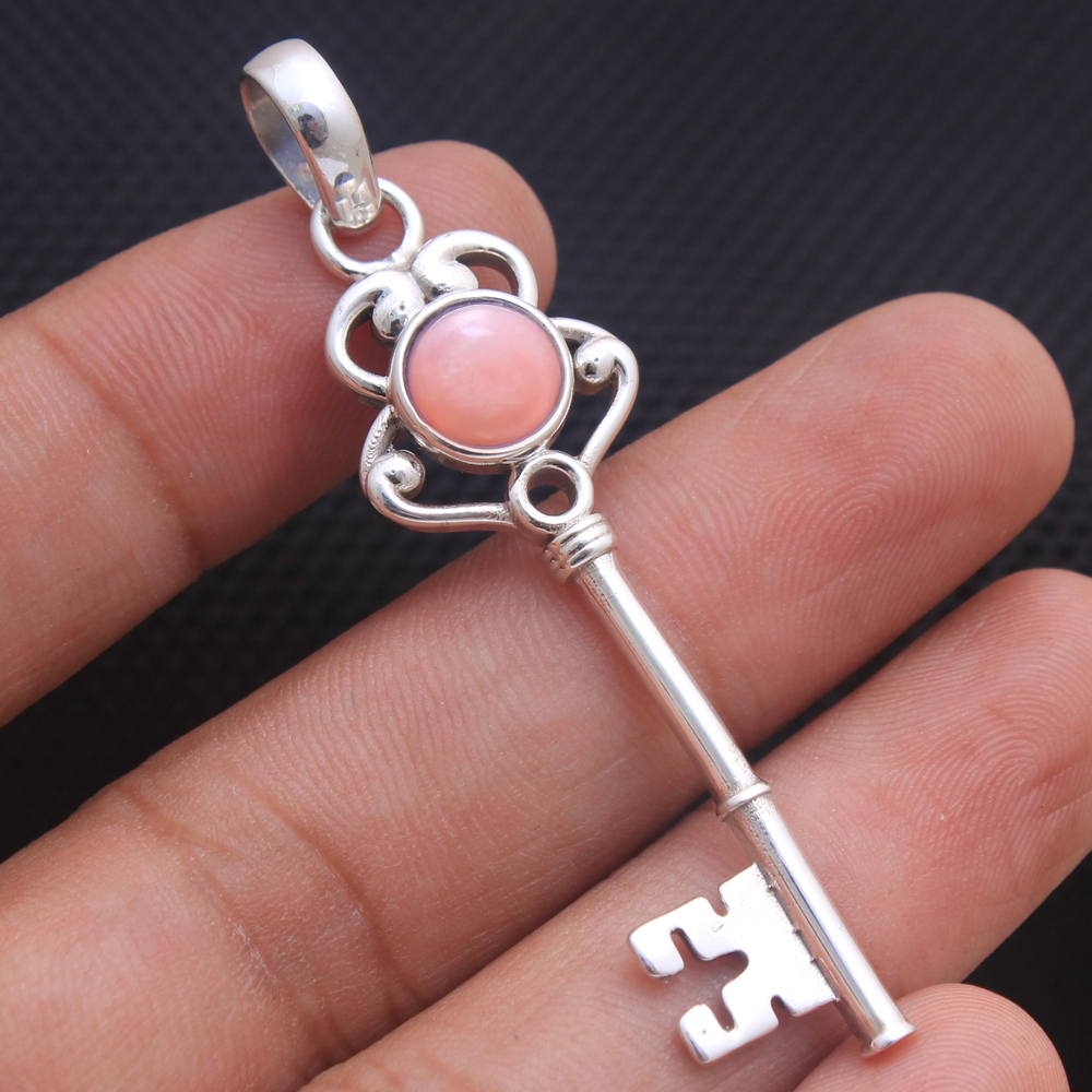 925 Sterling Silver Birthday Gift Christmas Gift Designer Handmade Pendant Halloween Gift Handmade Jewelry Handmade Pendant Key Design Pendant Pink Gemstone Pendant Pink Opal Pendant Round Gemstone Silver Pendant