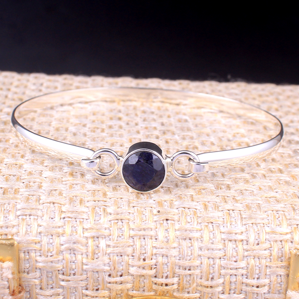 925 Sterling Silver Birthday Gift Blue Gemstone Bracelet Blue Sapphire Bracelet Christmas Gift Cuff Bracelet Designer Bracelet Halloween Gift Handmade Jewelry Round Gemstone Silver Bracelet