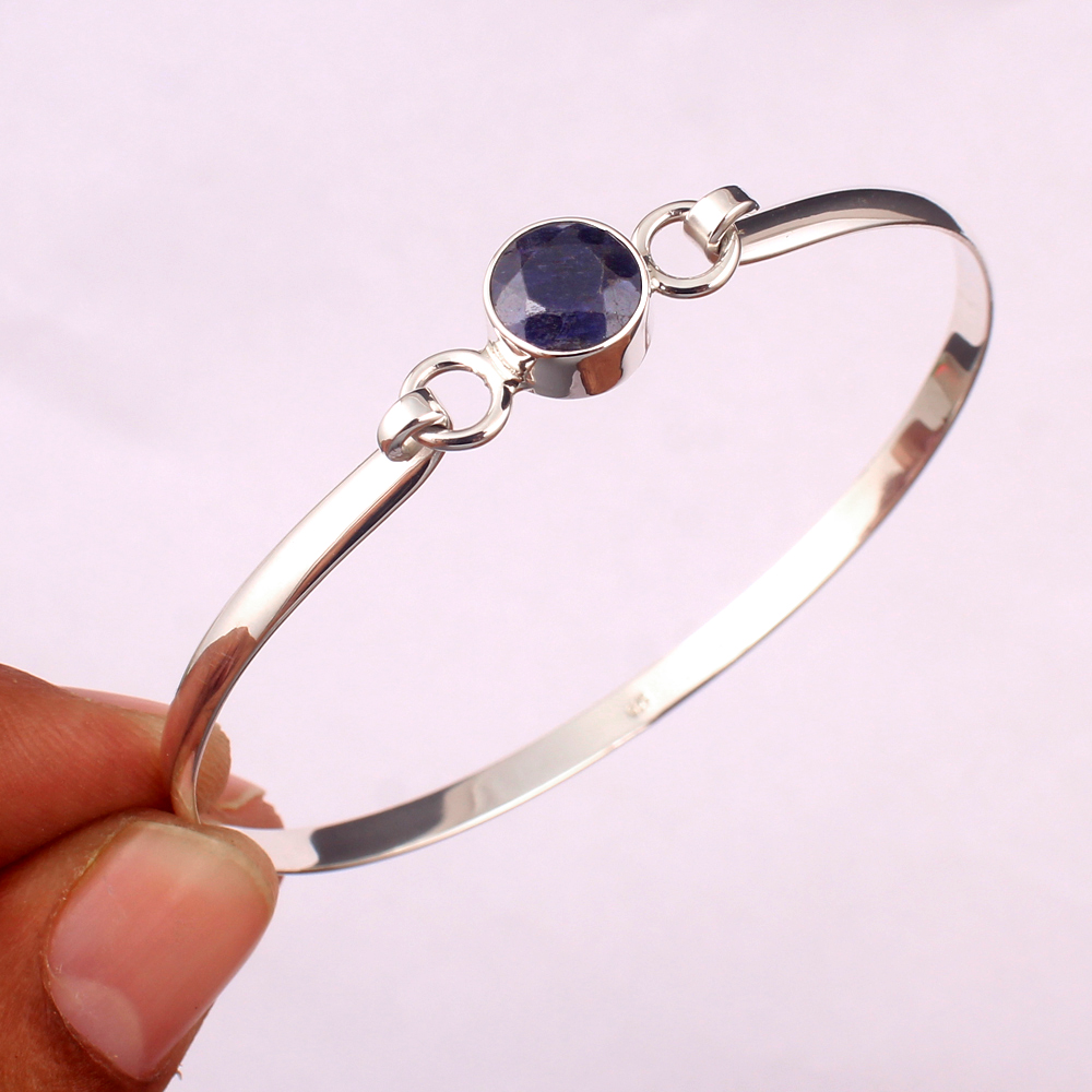 925 Sterling Silver Birthday Gift Blue Gemstone Bracelet Blue Sapphire Bracelet Christmas Gift Cuff Bracelet Designer Bracelet Halloween Gift Handmade Jewelry Round Gemstone Silver Bracelet