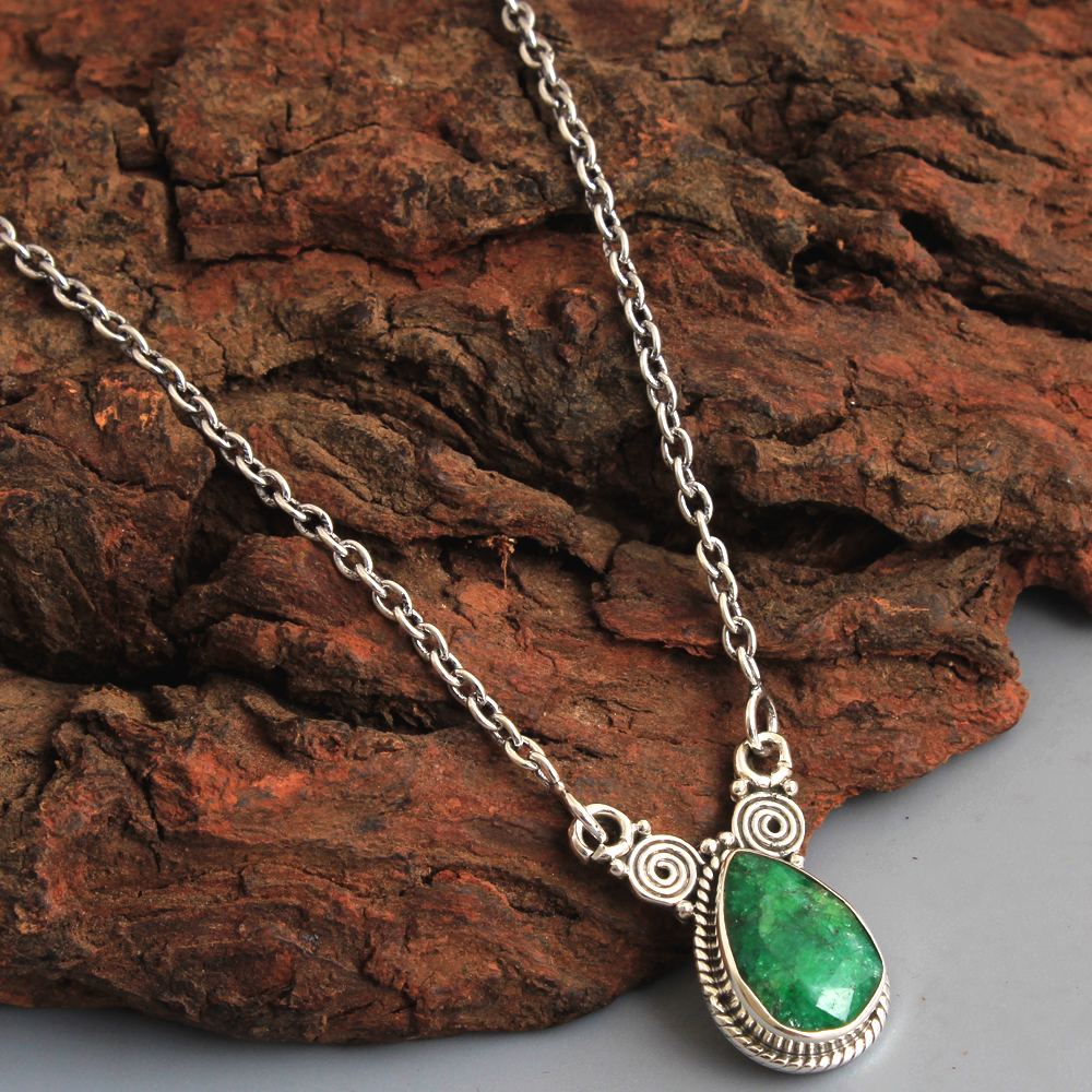 925 Sterling Silver Birthday Gift Christmas Gift Green Emerald Necklace Green Gemstone Necklace Halloween Gift Handmade Jewelry Pear Shape Gemstone Sakota Mine Emerald Silver Necklace