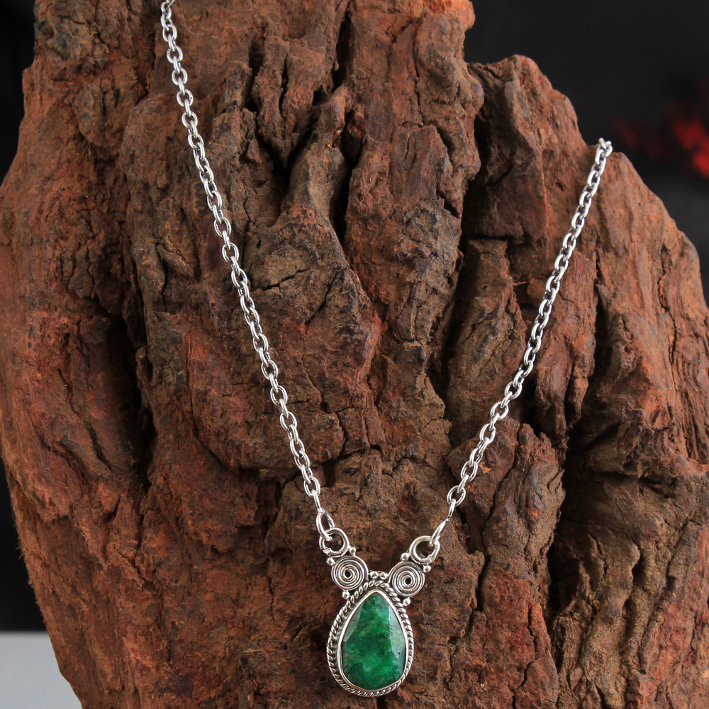 925 Sterling Silver Birthday Gift Christmas Gift Green Emerald Necklace Green Gemstone Necklace Halloween Gift Handmade Jewelry Pear Shape Gemstone Sakota Mine Emerald Silver Necklace