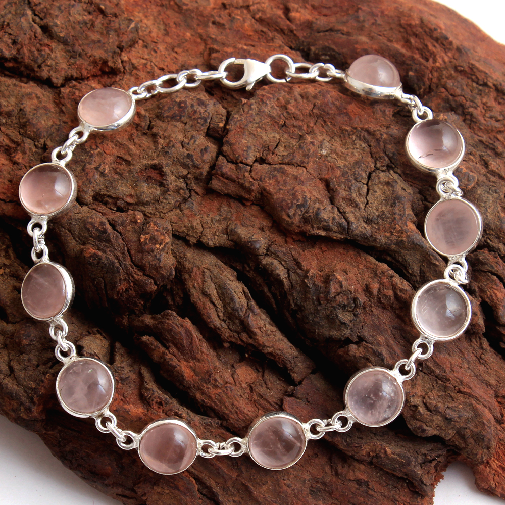 925 Sterling Silver Birthday Gift Christmas Gift Designer Bracelet Halloween Gift Handmade Jewelry Pink Gemstone Bracelet Rose Quartz Bracelet Round Gemstone Silver Bracelet Solid Handmade Bracelet