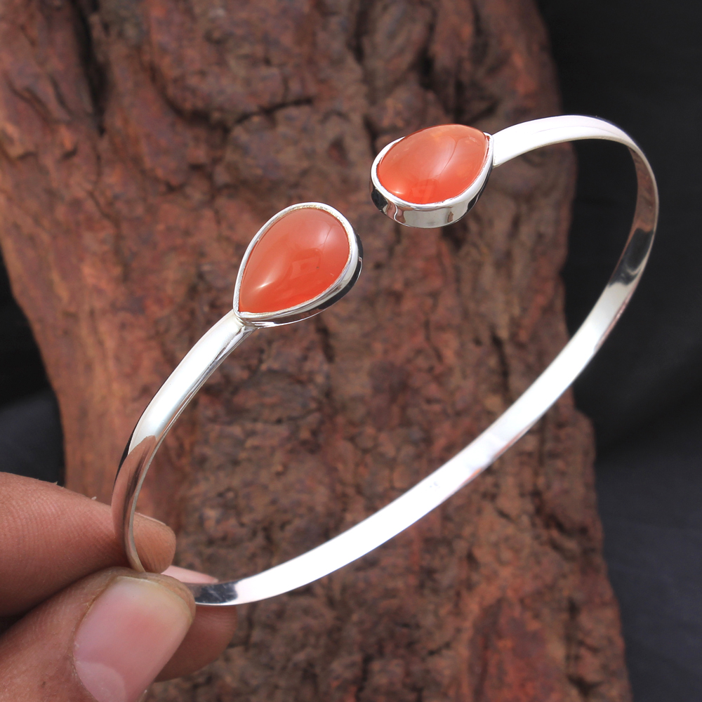 925 Sterling Silver Birthday Gift Carnelian Bracelet Christmas Gift Cuff Bracelet Gemstone Bracelet Halloween Gift Handmade Jewelry Pear Shape Gemstone Silver Bracelet