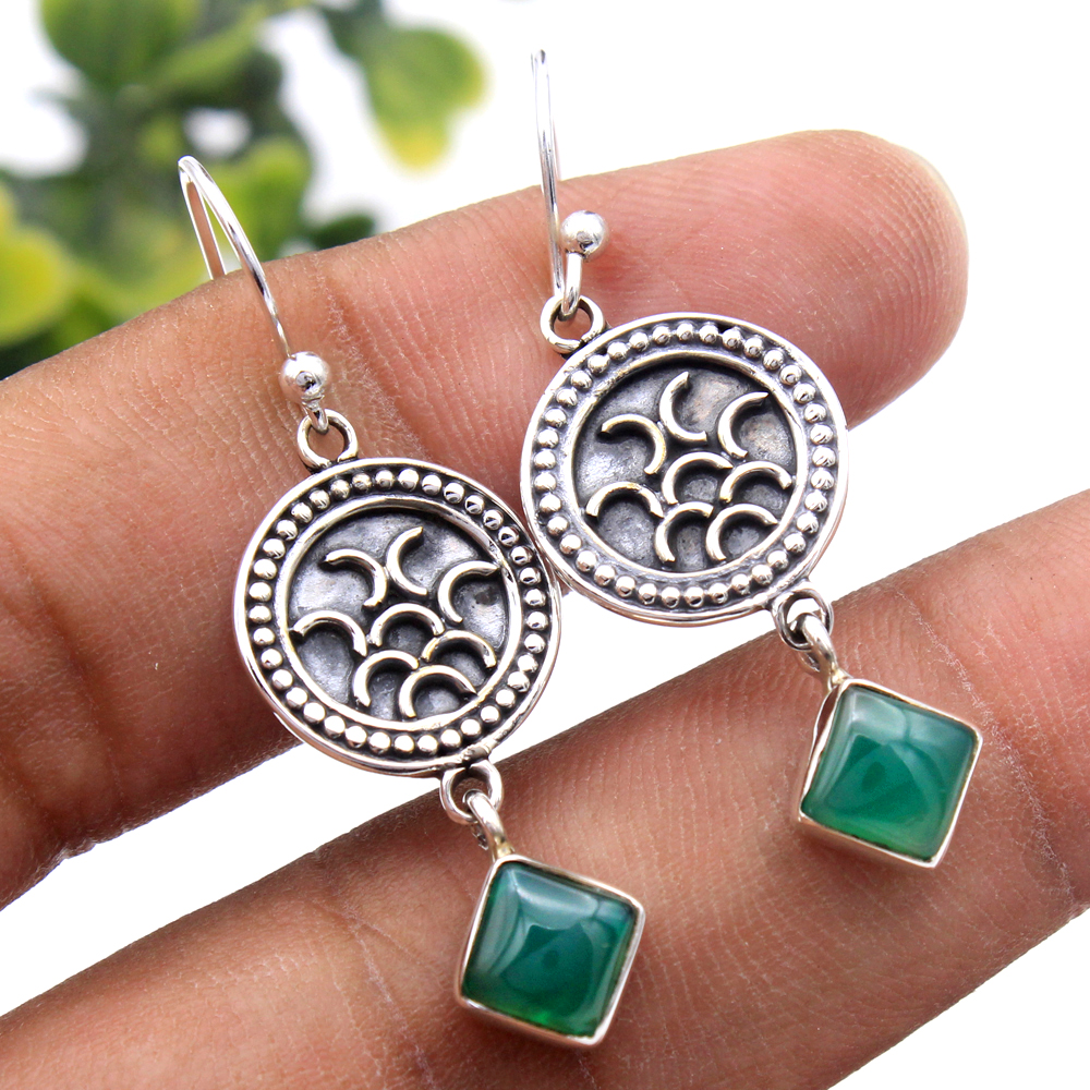 925 Sterling Silver Birthday Gift Christmas Gift Cushion Shape Gemstone Dangle Earring Designer Earring Green Chalcedony Earring Green Gemstone Halloween Gift Handmade Jewelry Silver Earring