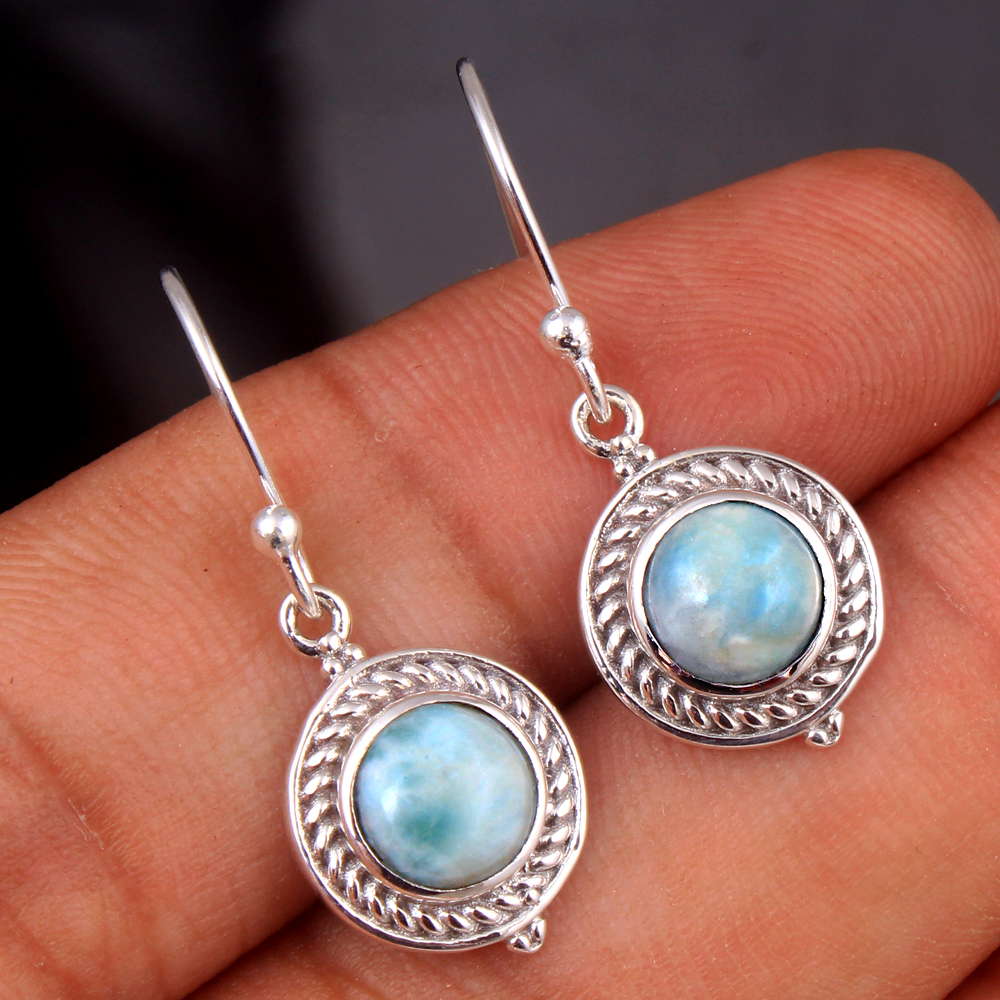 925 Sterling Silver Blue Gemstone Earring Christmas Gift Dangle Earring Designer Earring Drops Earring Gemstone Earring Halloween Gift Handmade Jewelry Larimar Earring Round Shape Gemstone Silver Earring