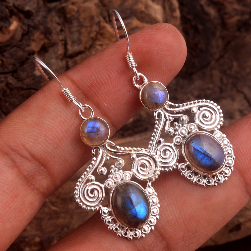 925 Sterling Silver Birthday Gift Blue Gemstone Earring Christmas Gift Dangle Earring Designer Earring Gemstone Earring Halloween Gift Handmade Jewelry Labradorite Earring Pear Shape Gemstone Round Gemstone Silver Earring