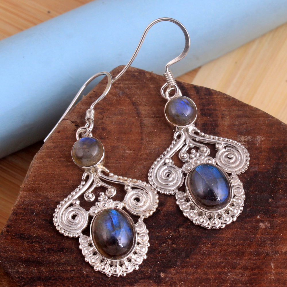 925 Sterling Silver Birthday Gift Blue Gemstone Earring Christmas Gift Dangle Earring Designer Earring Gemstone Earring Halloween Gift Handmade Jewelry Labradorite Earring Pear Shape Gemstone Round Gemstone Silver Earring