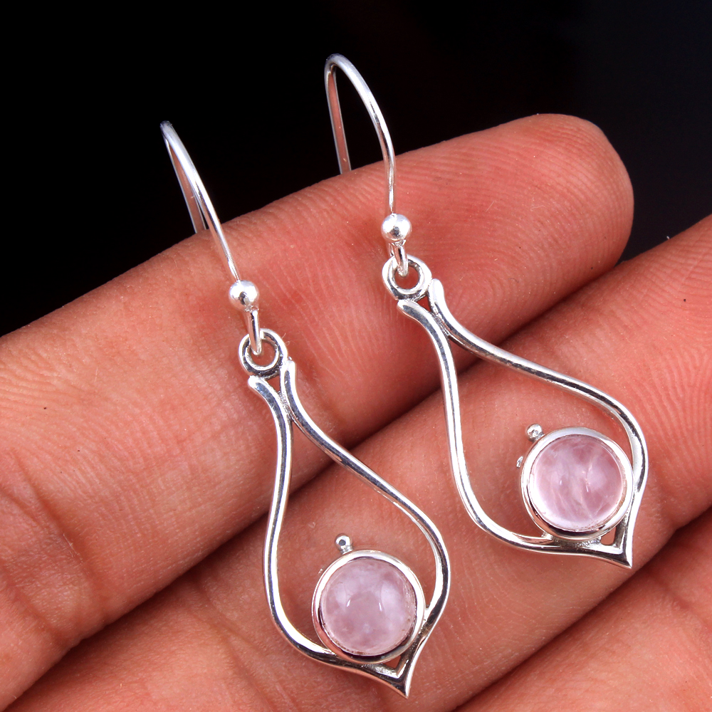 925 Sterling Silver Birthday Gift Christmas Gift Crystal Jewelry Dangle Earring Designer Earring Gemstone Earring Halloween Gift Handmade Jewelry Pink Gemstone Rose Quartz Earring Round Shape Gemstone Silver Earring