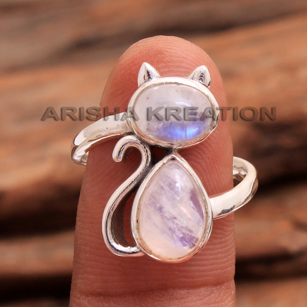 Animal Jewelry Birthday Gift Cat Ring Gift For Mum Handmade Jewelry Moonstone Gemstone Ring Natural Gemstone Silver Charm Jewelry Silver Ring Statement Ring