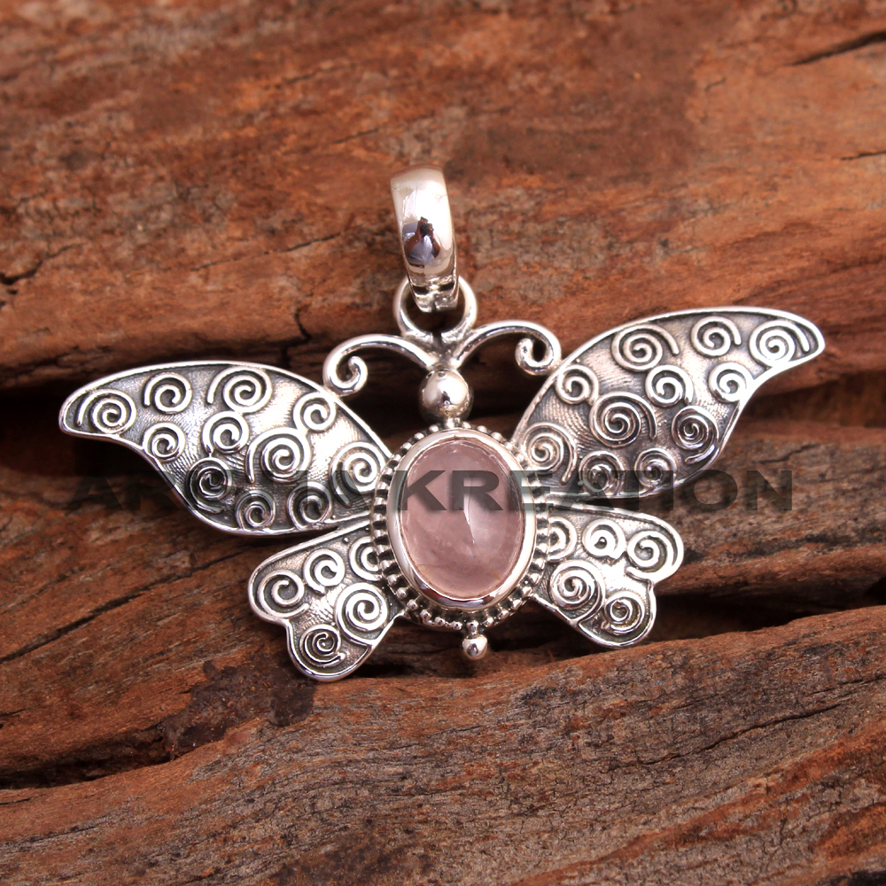 925 Stamped Animal Jewelry Birthday Gift Butterfly Pendant Gemstone Jewelry Halloween Gift Handmade Jewelry Rose Quartz Pendant Silver Pendant