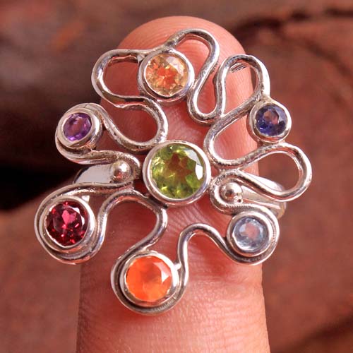 7 Stone Ring Chakra Jewelry Round Gemstone Silver Ring
