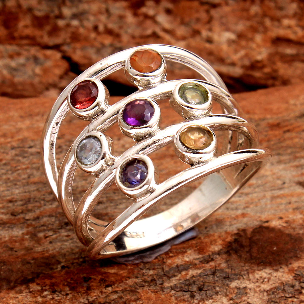 7 Stone Ring Chakra Jewelry Multi Gemstone Ring Round Gemstone