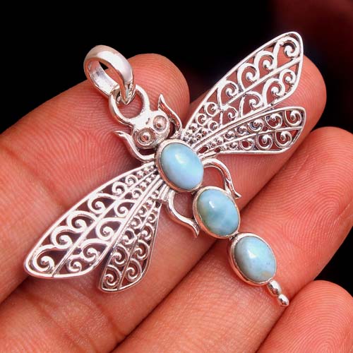 Dragonfly Pendant Larimar Oval Gemstone