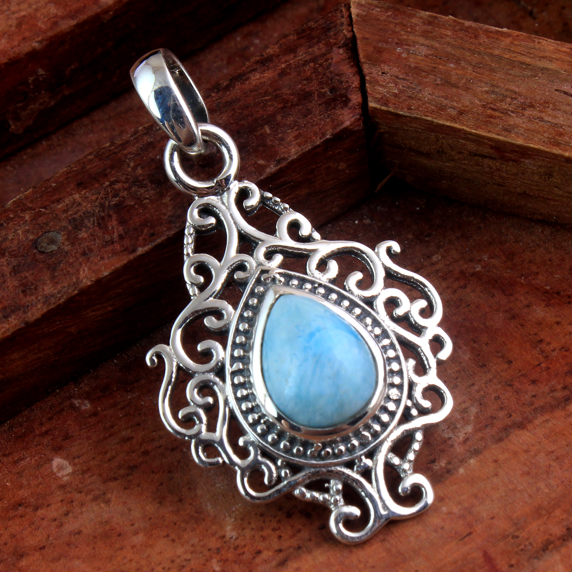 Handmade Jewelry Larimar Pendant Pear Gemstone Silver Pendant