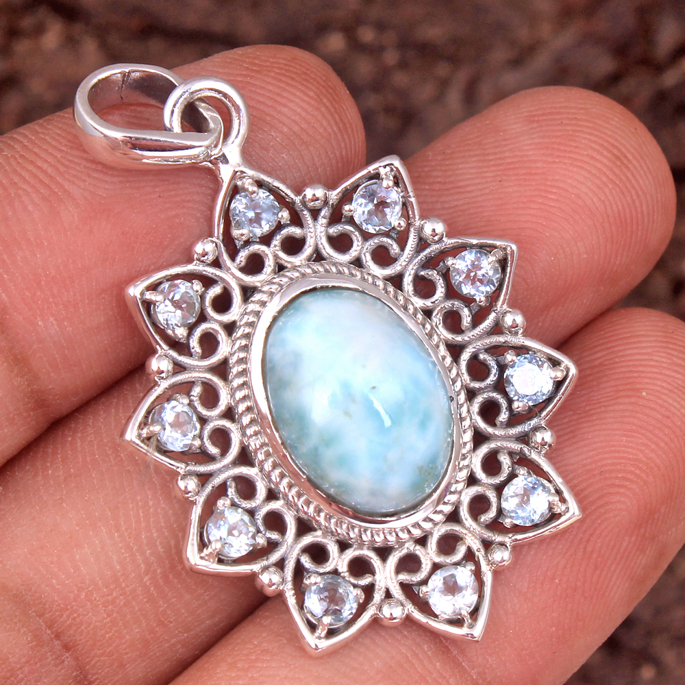 Blue Topaz Gemstone Handmade Pendant Larimar Gemstone Oval Shape Gemstone Round Gemstone Silver Jewelry