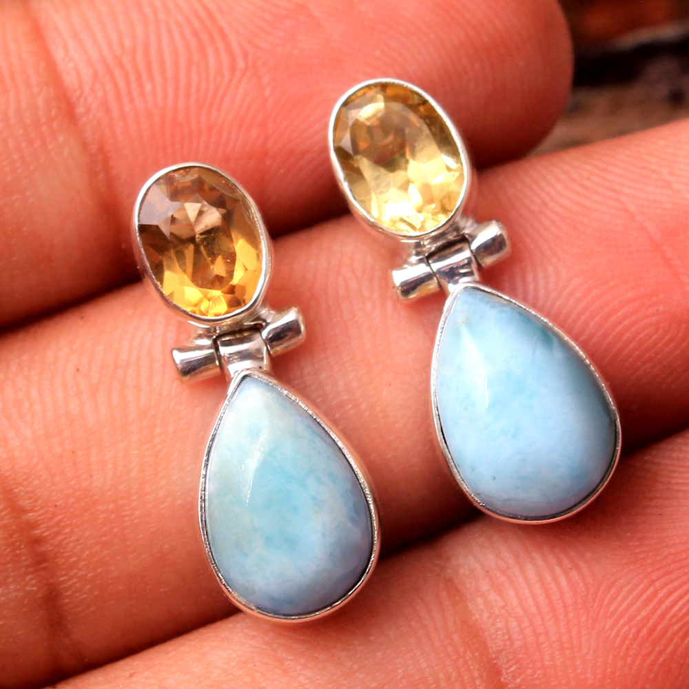 Citrine Earring Handmade Earring Larimar Earring Silver Earring