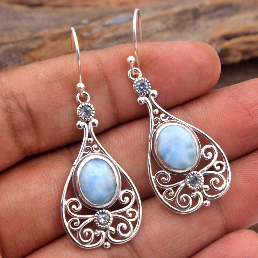 Blue Topaz Gemstone Dangle Earring Handmade Earring Larimar Gemstone Silver Earring