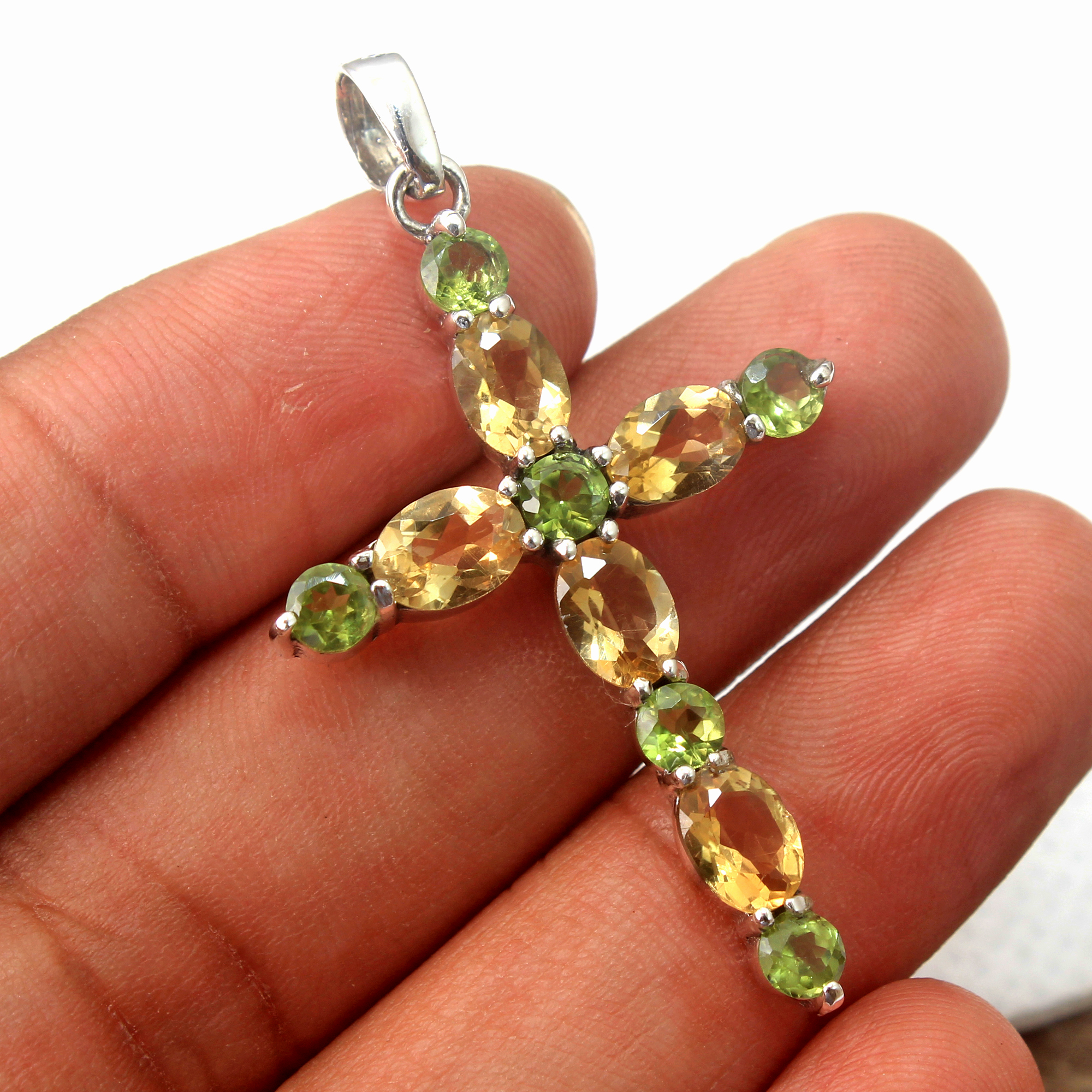 Citrine Gemstone Cross Pendant Gift For Her Handmade Jewelry Oval Gemstone Pendant Peridot Gemstone Round Gemstone Silver Charm Silver Jewelry Women Jewelry