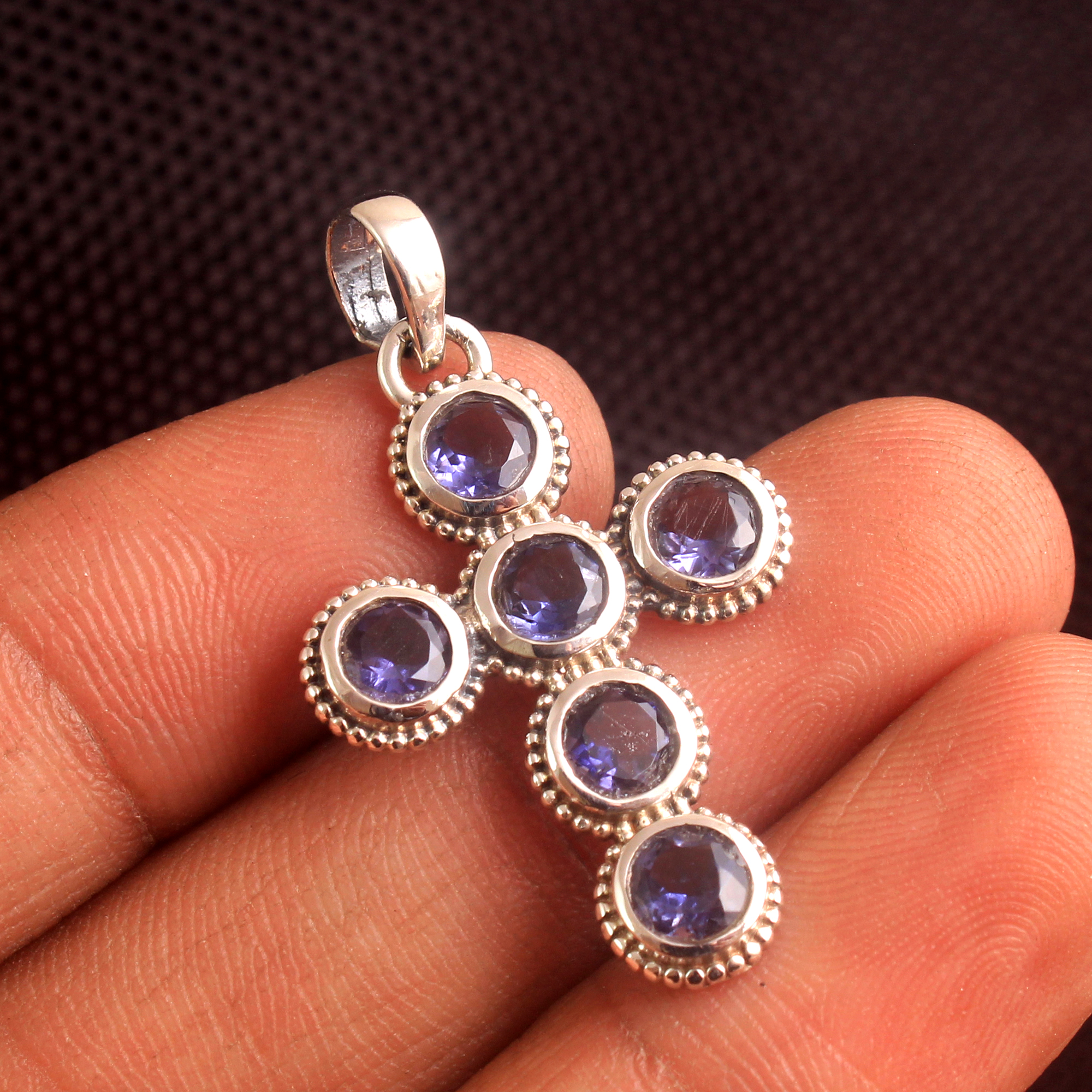Christmas Gift Cross Pendant Gift For Her Handmade Jewelry Iolite Gemstone Round Gemstone Silver Charm
