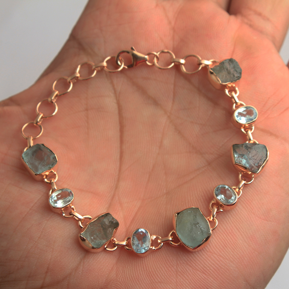 925 Sterling Jewelry Aquamarine Bracelet Blue Topaz Bracelet Handmade Jewelry Raw Gemstone Jewelry Rose Gold Plated Silver Jewelry Statement Jewelry