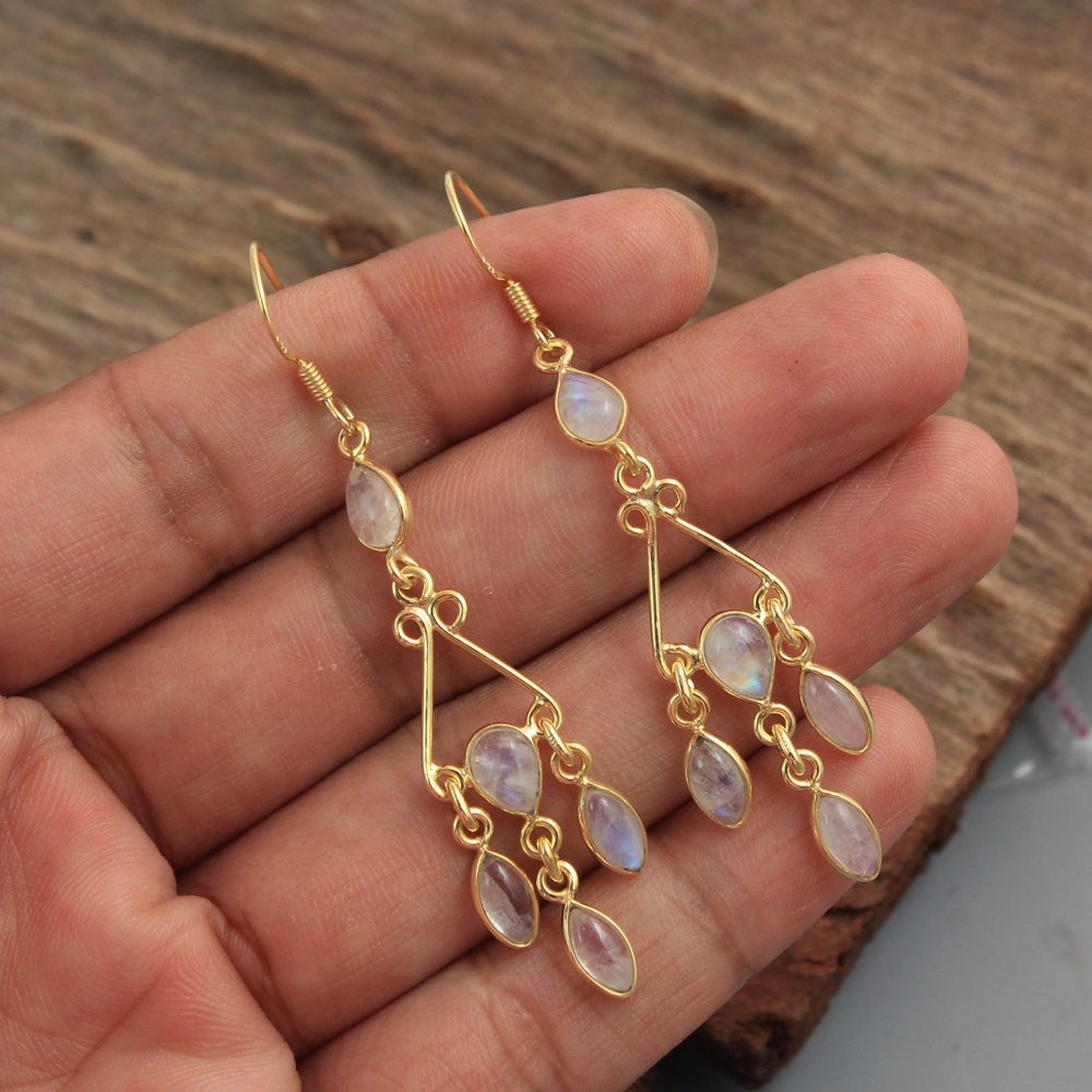 925 Sterling Silver Handmade Jewelry Moonstone Earring Silver Jewelry Women Earring Yellow Gold Plated