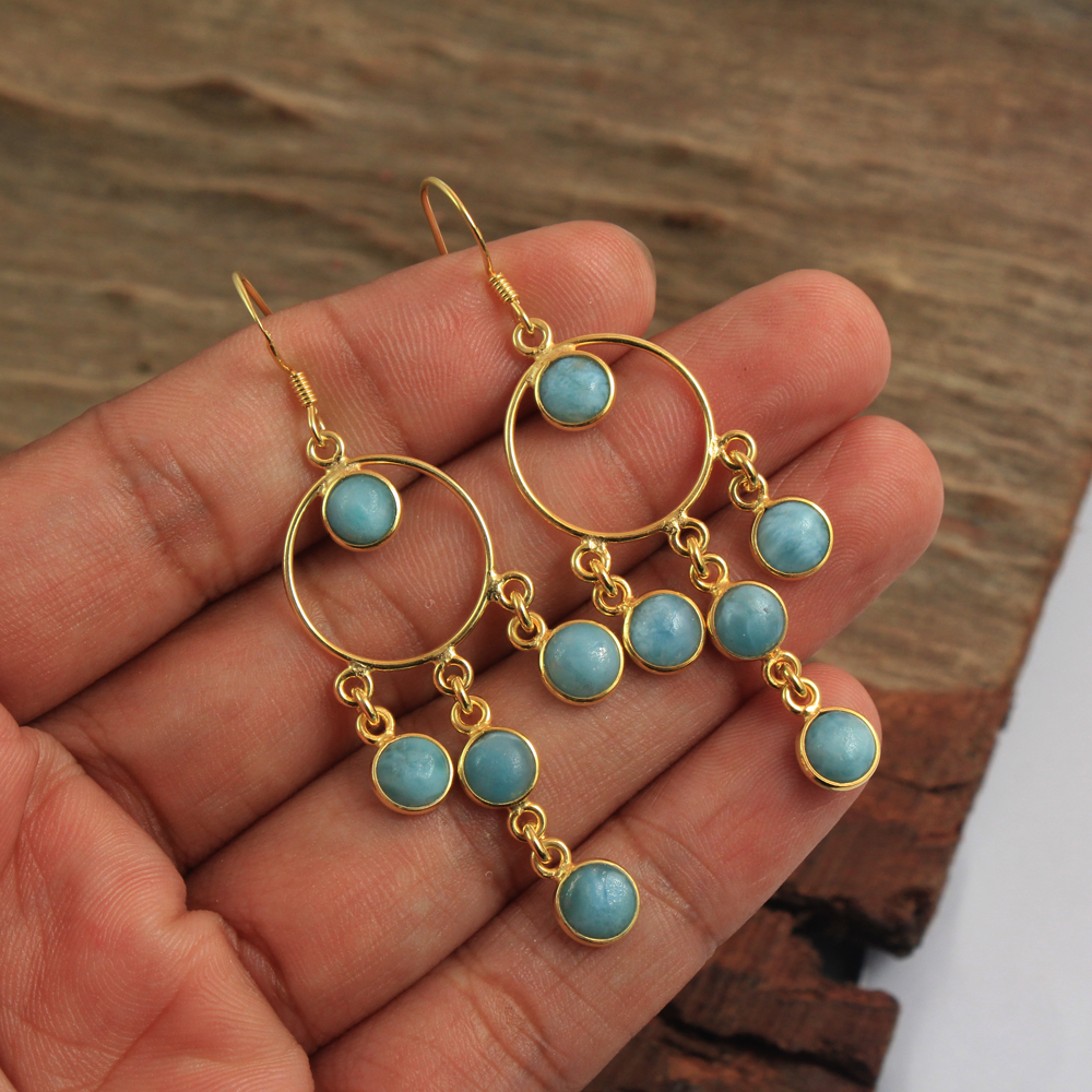 925 Sterling Silver Fashion Jewelry Handmade Earring Larimar Earring Silver Jewelry Women Jewelry Yellow Gold Plated