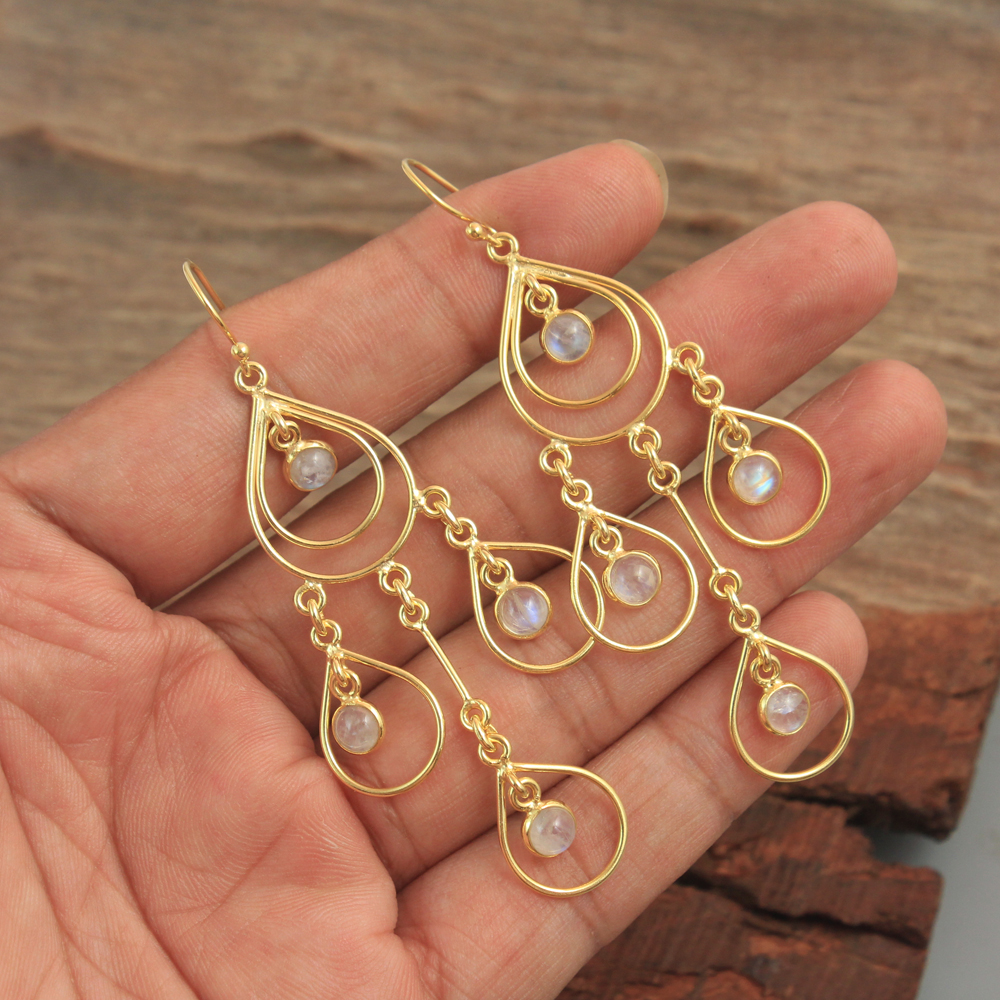 925 Sterling Silver Dangle Earring Moonstone Earring Silver Jewelry Statement Jewelry Women Jewelry Yellow Gold Plated