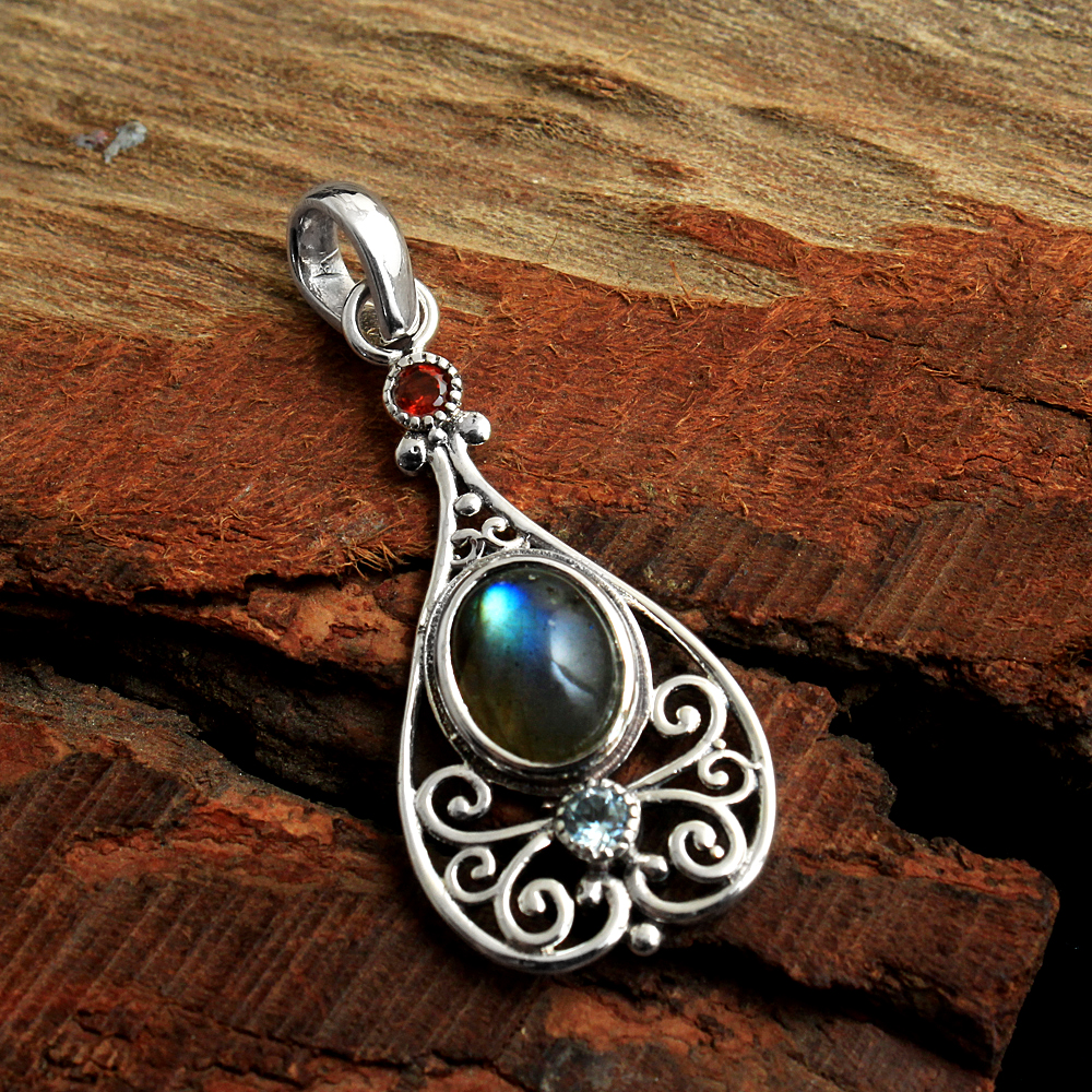 Blue Topaz Pendant Garnet Pendan Gift For Her Silver Jewelry Statement Jewelry
