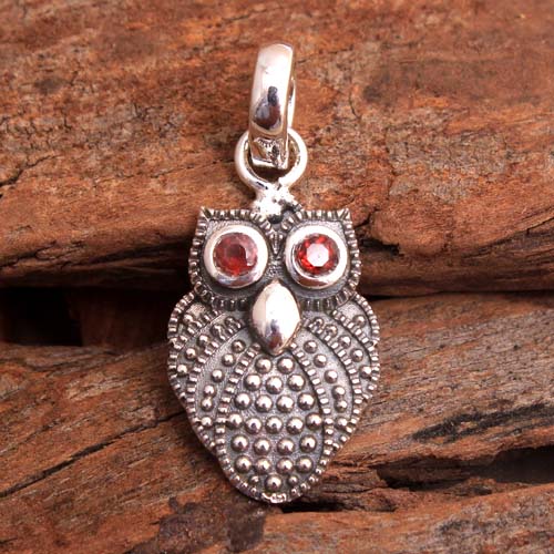 925 Sterling Silver Animal Jewelry Christmas Gift Halloween Gift Handmade Jewelry Owl Design Pendant Red Garnet Pendant Silver Pendant