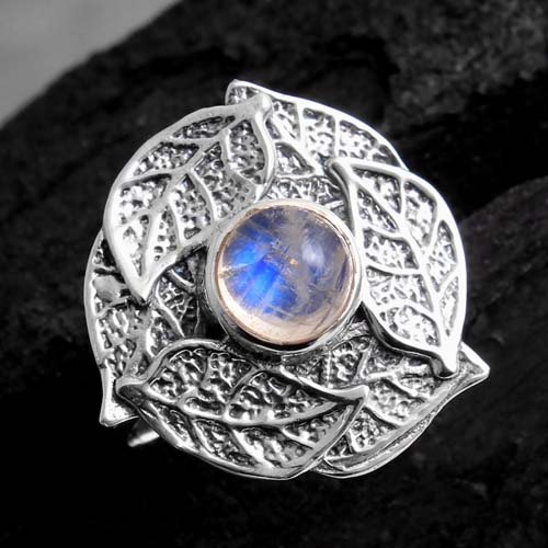 925 Sterling Silver Birthday Gift Christmas Gift Halloween Gift Handmade Jewelry Leaf Design Ring Moonstone Ring Round Gemstone Silver Ring Solitaire Ring