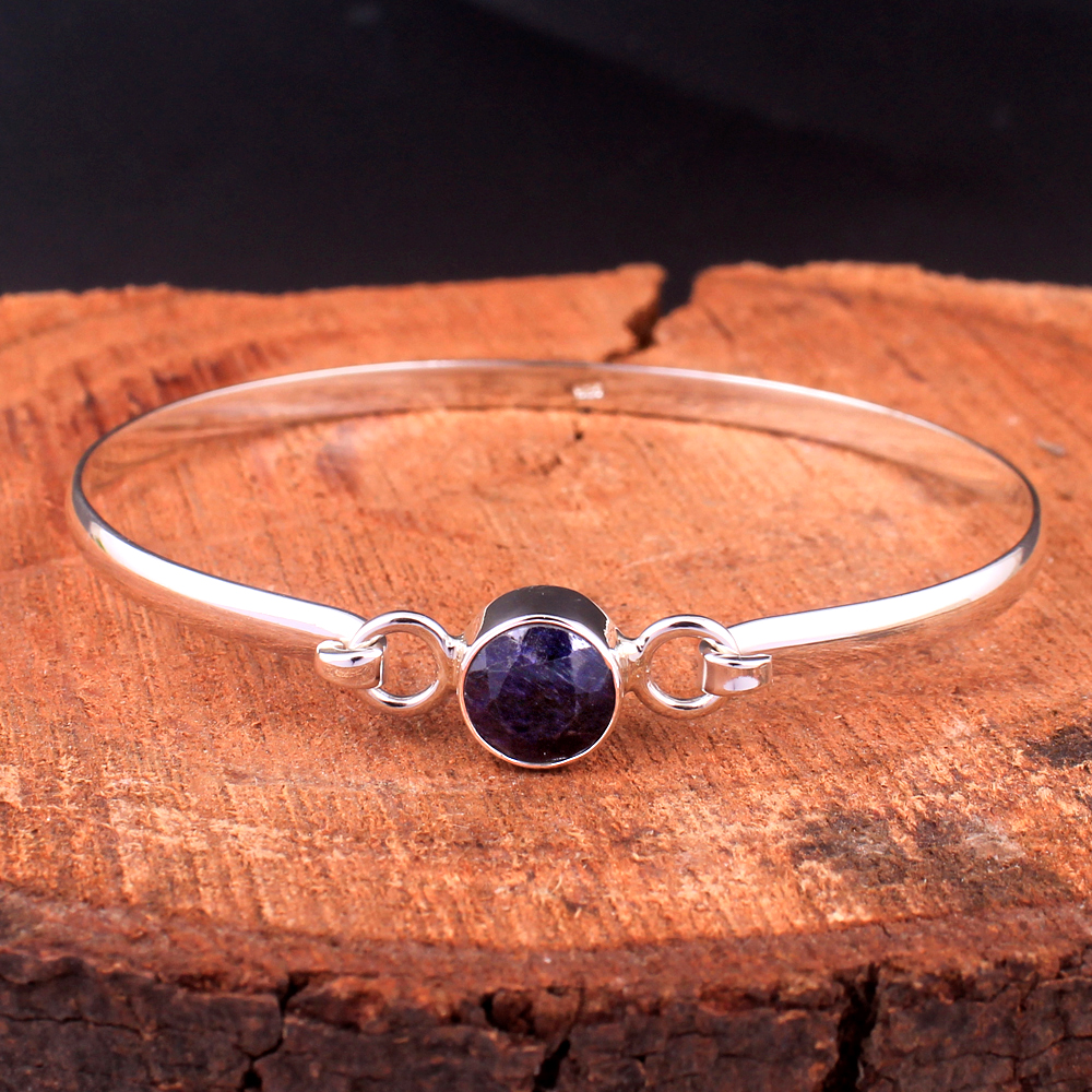 925 Sterling Silver Birthday Gift Blue Gemstone Bracelet Blue Sapphire Bracelet Christmas Gift Cuff Bracelet Designer Bracelet Halloween Gift Handmade Jewelry Round Gemstone Silver Bracelet