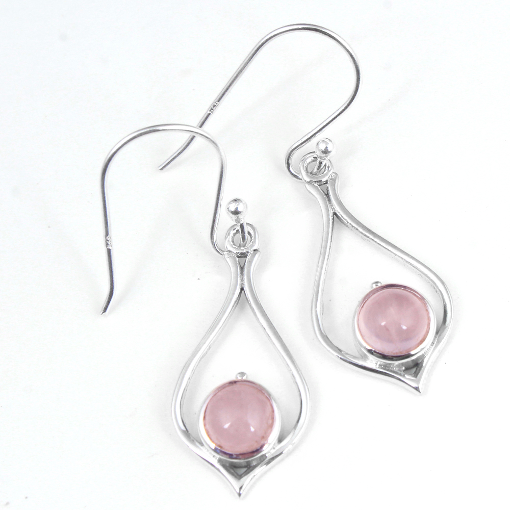 925 Sterling Silver Birthday Gift Christmas Gift Crystal Jewelry Dangle Earring Designer Earring Gemstone Earring Halloween Gift Handmade Jewelry Pink Gemstone Rose Quartz Earring Round Shape Gemstone Silver Earring